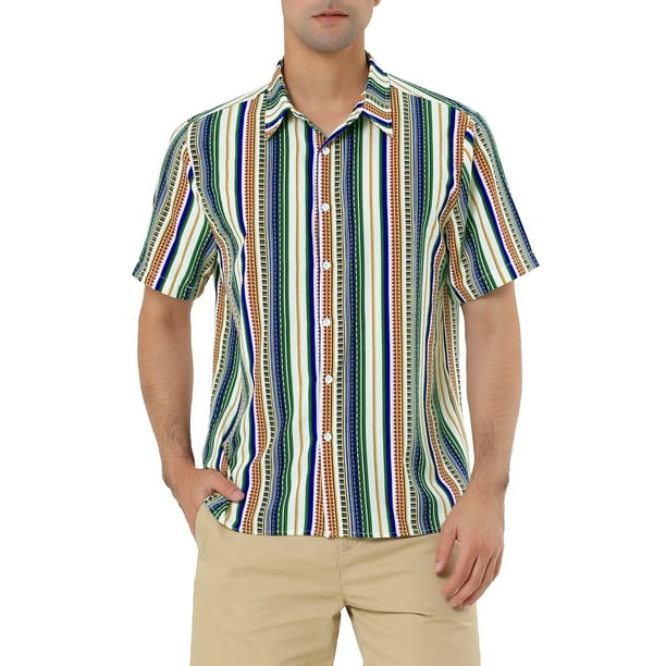SELX Men Casual Stripe Stylish Office Short Sleeve Dress Work Shirt 